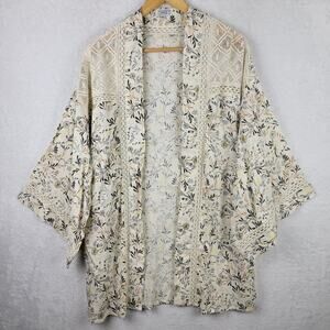 Cottagecore Cardigan OS Kimono Sleeves Lace Open Cream Colorful Floral Cover Up